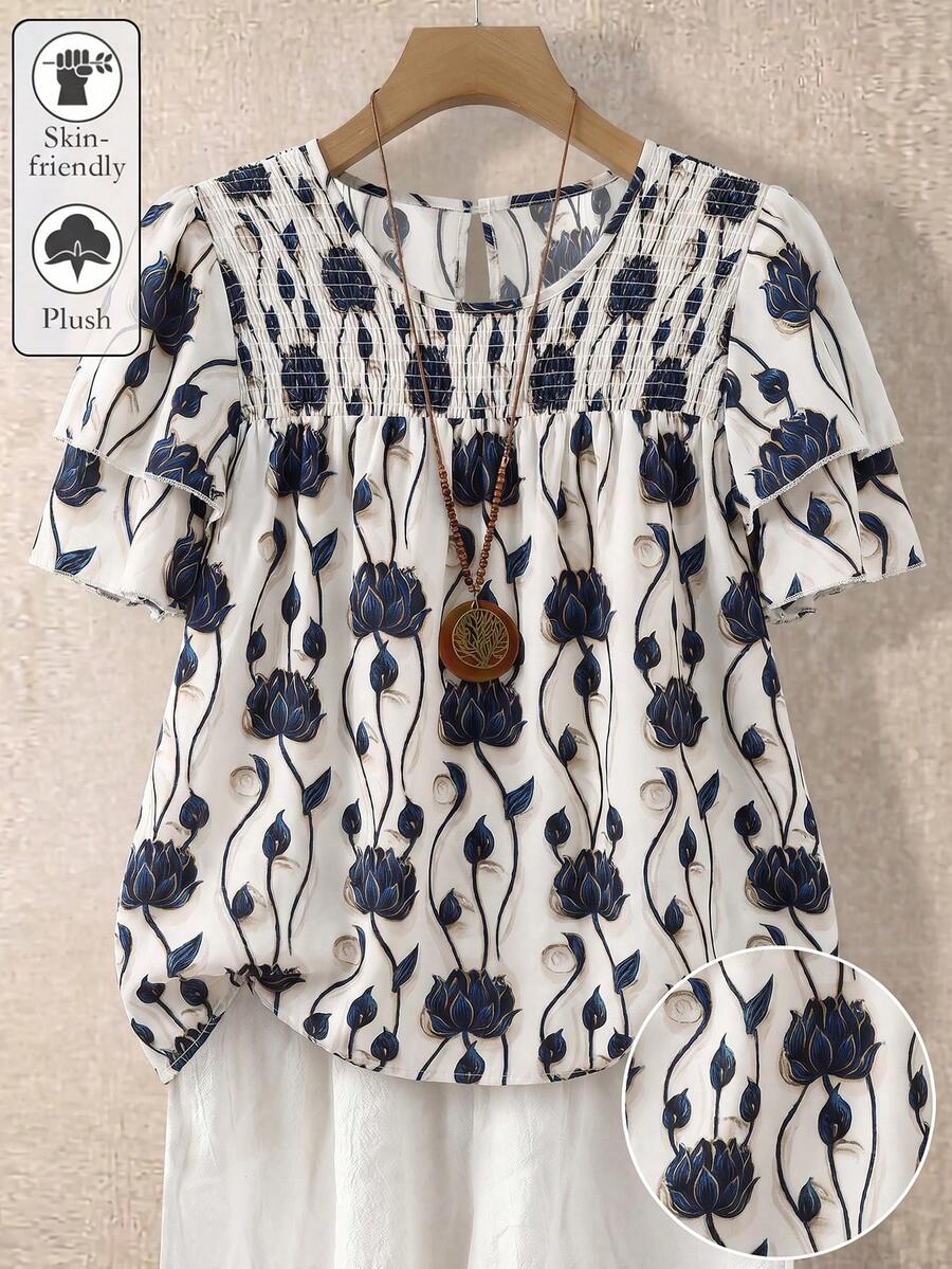 Linhara Plus Size Women's Solid Color Round Neck Double Layer Sleeve Short Casual Blouse, Pleated Fashionable Versatile Summer Holiday Ladies Tops - Blue - View 1