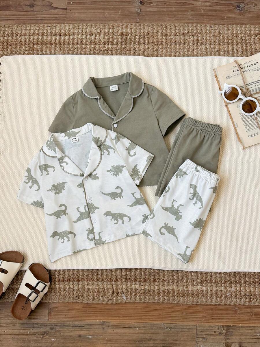 SHEIN 4pcs/Set Baby Boy Cute Cartoon Striped Rabbit Pattern Short Sleeve Knit Pajama Set, Summer Casual Homewear Set - Multicolor - View 1