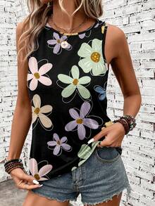 EMERY ROSE Plus Size Casual Floral Print Round Neck Tank Top, Summer - Multicolor - View 6