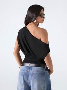 LYSMO 2026 New Arrive Minimalism Spring/Summer Women's Solid Color Asymmetric Neck Casual Versatile Daily Wear Top - Navy Blue - View 2