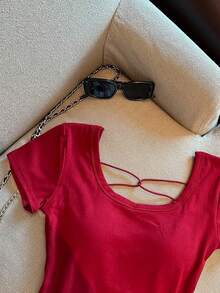 Airaco 镂空后背加厚短袖T恤 - 酒紅色 - 查看 5