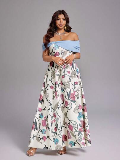 Viva Relle Romantic Elegant One-Shoulder Ruched Floral Print Dress, Suitable For Vacation, Daily Gathering