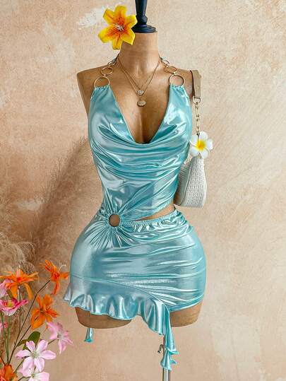 Soleia Nuevo vestido mini halter sin mangas con volantes, decoración metálica, estilo elegante bohemio tropical, ideal para vacaciones, boda en la playa, graduación, San Patricio, primavera, festival de música, color azul sirena