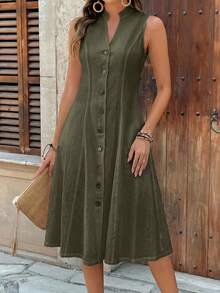Faunlyn Women's Summer Geometric Pattern Print Round Neck Short-Sleeve Dress - Army Green - View 9