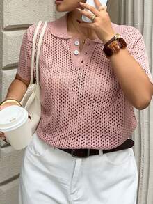 Dazy Plus Plus Size Women Collared Fitted Hollow Shiny Short Sleeve Knit Top, Pink, Spring/Summer - Pink - View 2