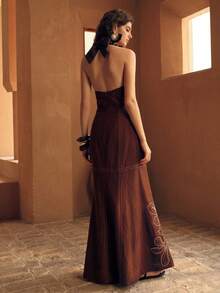 MOTF PREMIUM WOMEN'S HALTER WAIST EMBROIDERED LINEN FISHTAIL DRESS, SPRING/SUMMER - Coffee Brown - View 6