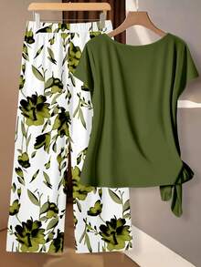 Women's Green & Light Green Tie Bow Blouse And Straight Leg Pants 2 Pieces Set, Casual Commuter Vacation Outfit - Multicolor - View 2