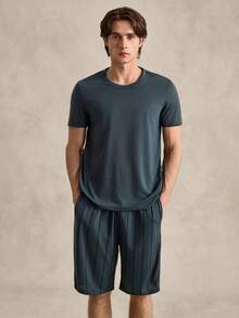 EverLounge Men Solid Tee & Striped Print Shorts PJ Set / Pajama Set - Navy Blue - View 4