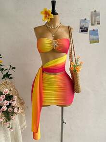 Soleia Women's Gradient Hollow-Out Bandeau Mini Dress, Suitable For Beach & Holiday In Summer - Multicolor - View 3