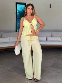 Maria Perezxox Quần ống đứng buộc dây du lịch thường ngày cho nữ, màu vàng, đa năng và thon gọn, vải dệt, mùa xuân/hè - Butter Yellow - Xem 3