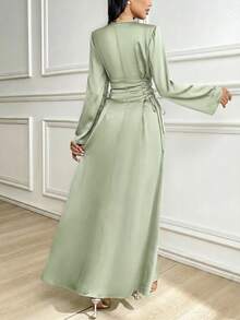 Al Najma 女士水钻花朵装饰侧系腰带优雅阿拉伯风格连衣裙 - 綠色 - 查看 5