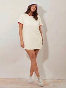 SHEIN BASICS Đầm thun tay ngắn cổ tròn dáng suông dành cho nữ cỡ lớn - Đỏ - Xem 4