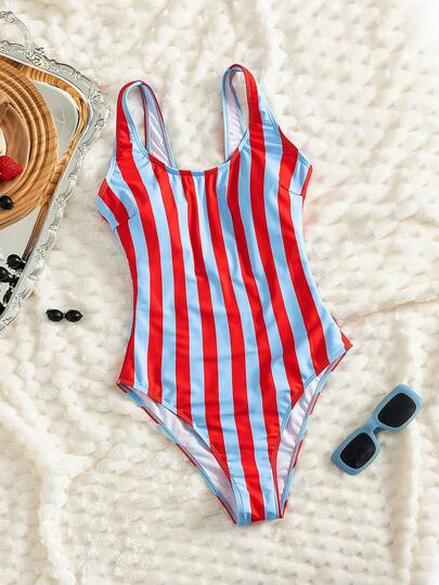 Bonvoyette Nuevo traje de baño de una pieza a rayas rojas y azules vintage, traje de baño sexy y ajustado para vacaciones en la playa, primavera/verano