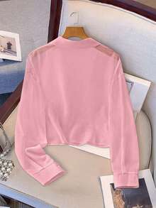 Qadelle Chiffon Pocket Button Women's Short Sleeve Blouse - Pink - View 2