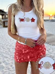Sundraya Áo tank top nữ kiểu dáng thường ngày in hình vỏ sò và sao biển, thích hợp cho kỳ nghỉ. - trắng - Xem 3