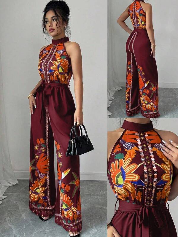 Elenzga Women's Elegant Bohemian Style Floral Print Halter Neck Sleeveless Jumpsuit, Suitable For Music Festivals And Vacations, Spring/Summer