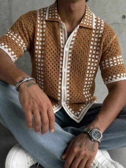 Manfinity RSRT Men's Vintage Hollow-Out Contrast Color Knit Sweater Holiday / Vacation / Beach / Hawaii / Tropical / Swim /  Bathing  / Wedding / Ceremony / Groom / Graduation / Party / Evening / Dinner /