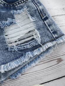 SHEIN Young Girls Summer Baby Blue Fashion Ripped Denim Shorts, High Waist Frayed Hem Loose Fit A-Line Silhouette, Comfortable Soft Fabric Street Style Shorts - Medium Wash - View 4