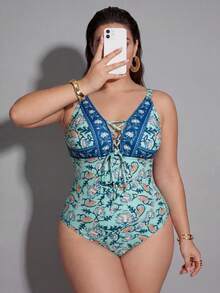Shapewave Plus Size Women Floral Print Tie-Up One-Piece Swimsuit - Multicolor - View 6