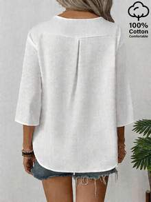 EMERY ROSE Women's Solid Color V-Neck 3/4 Sleeve Casual Shirt - White - View 2