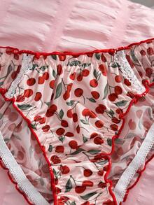 PetitDoll 1件甜樱桃印花网纱荷叶边比基尼内裤 - 彩色 - 查看 4