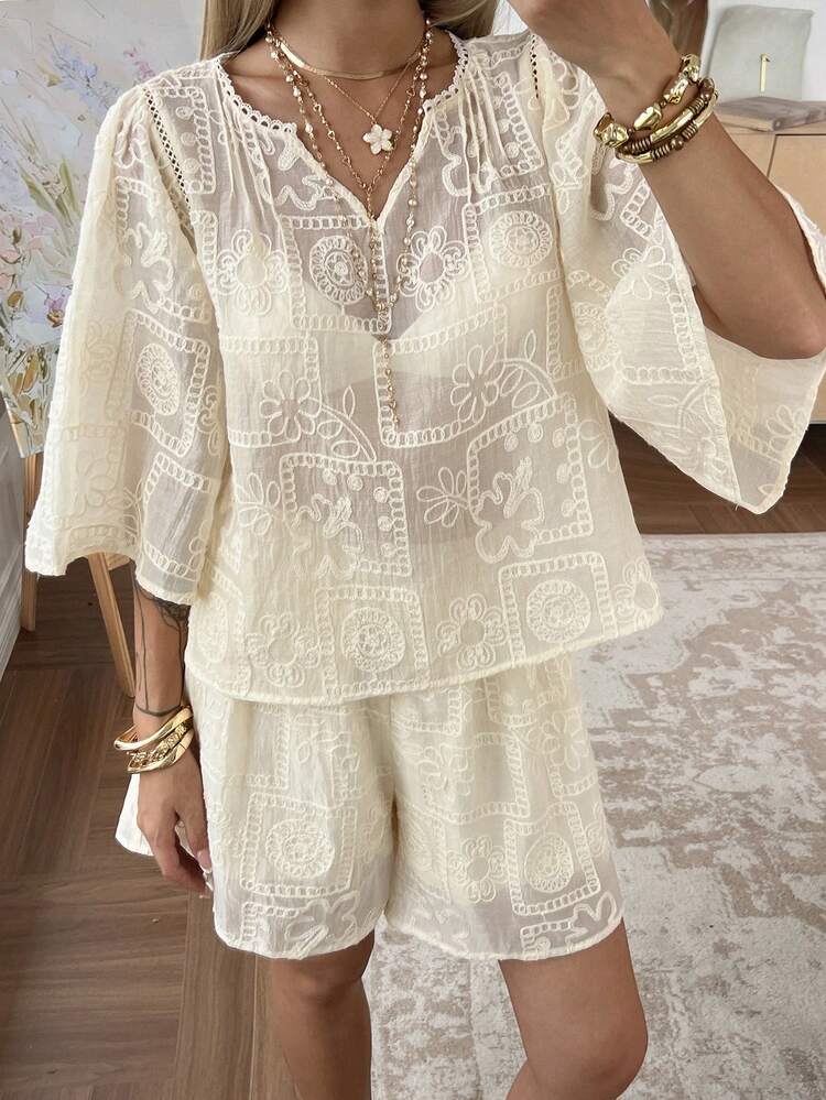 Women's Apricot Lace V-Neck Loose 3/4 Sleeve Shirt And Shorts Set, Fashionable Design, Relaxed Style For Beach, Spring & Summer Lounge Sets For Women