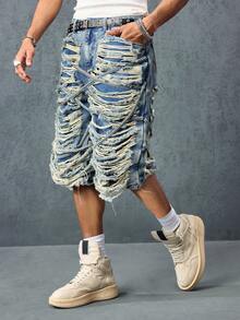 Street Life Spring/Summer Casual Graphic Men'S Distressed Denim 3/4 Length Blue Shorts - Blue - View 14