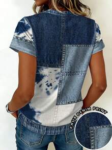 EMERY ROSE Casual V-Neck Short Sleeve T-Shirt With Denim Print, Summer - Multicolor - View 2