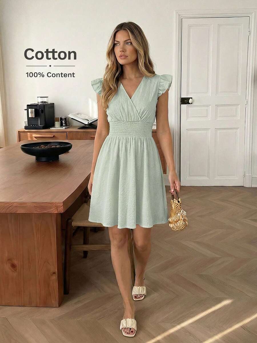 Easowa Đầm xòe chữ A tay ngắn nhún bèo, eo xếp ly, chất liệu vải crepe cotton 100%, kiểu dáng thoải mái, thanh lịch, thích hợp mặc đi làm, đi nghỉ dưỡng, mùa xuân/hè dành cho nữ. - Xanh nhạt - Xem 1