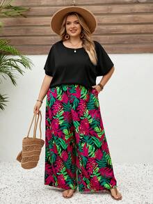 SHEIN CURVE+ 大码两件套音乐节、海滩度假波西米亚风女式宽松衬衫和碎花裤套装，夏季服装 - 彩色 - 查看 5
