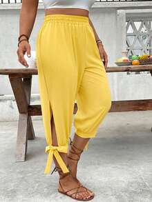 Breezaya Plus Size High Waist Drawstring 7/8 Pants, Spring/Summer - Yellow - View 5