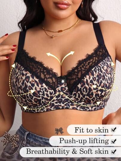 1pc Sexy Lace Patchwork Underwire Bra, Lift & Support, Deep V, Anti-Sagging, Plus Size Women Lingerie