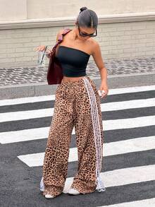 SHEIN Muchic 豹纹撞色条纹蝴蝶结长裤 - 咖啡棕 - 查看 3