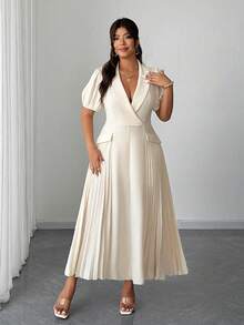 SHEIN Clasi Plus Size Women's White Summer Elegant Wedding Bridal French Office Commute Lapel Pleated Dress,Suitable For Evening Party,Gathering,Date,Graduation - Apricot - View 5