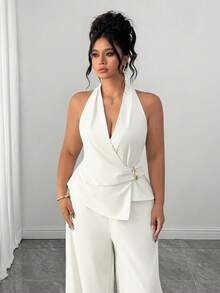 SHEIN Elenzya Bộ đồ nữ thời trang thanh lịch gồm áo không tay cổ chữ V và quần ống đứng (2 món). - Màu be - Xem 3