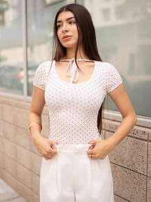 Andrea Bello 女式前系带波尔卡圆点圆领短袖T恤夏季可爱上衣 - 白色 - 查看 4