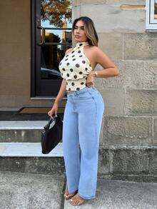 高腰闊腿牛仔褲 - 淺色水洗藍 - 查看 5