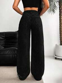 SHEIN EZwear Women Casual Distressed Wide Leg Denim Jeans - Black - View 2