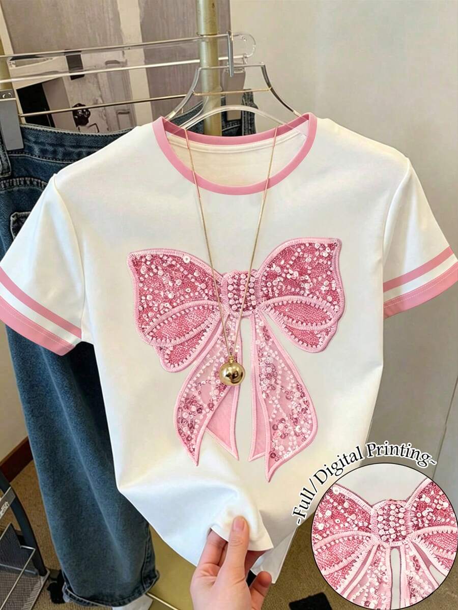 Tween Girl Bow Print Graphic Loose Casual Contrast Color Block Striped Round Neck T-Shirt Top, Suitable For Summer, Everyday Wear, Back To School - Multicolor - View 1
