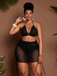 Maweii Bộ đồ nữ gồm áo croptop hở lưng cổ yếm gợi cảm, thời trang và chân váy ngắn cạp chun thắt nơ, thích hợp cho kỳ nghỉ biển, cỡ lớn. - màu đen - Xem 3