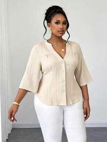 Plus Size Women's Solid Color Commuter Minimalist Notched Neck Half Sleeve Elegant Cardigan Casual Blouse, Spring/Autumn - Apricot - View 5