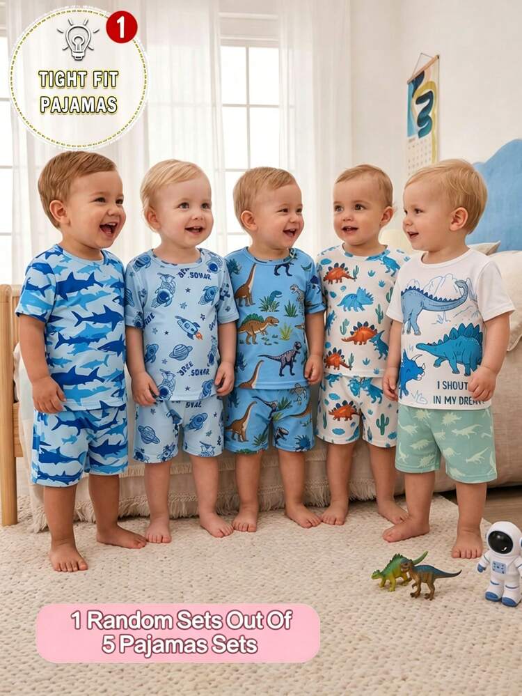 1 Random Set Out Of 5 Sets Assorted Blue Cartoon Print Baby Boys' Snug Fit Pajama Set, Round Neck Short Sleeve Shorts, Dinosaur, Shark, Astronaut Patterns, Soft & Comfortable Fabric, Suitable For Spring/Summer Beachwear & Loungewear, Stretchy Material For Easy Movement - Multicolor - View 6