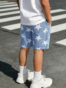 Tween Boys Denim Shorts,Blue And White Striped,Summer,Casual,City Break,Cotton Washed Star Print Multi-Pocket Elastic Waist Wide Leg Cargo Shorts - Blue - View 4