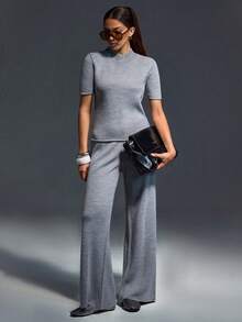 SHEIN Ribbed Knit Mock Neck Sleeveless Top & Wide Leg Pants Co-Ord Set – Minimal Stretch Lounge Matching Set - Grey - View 5