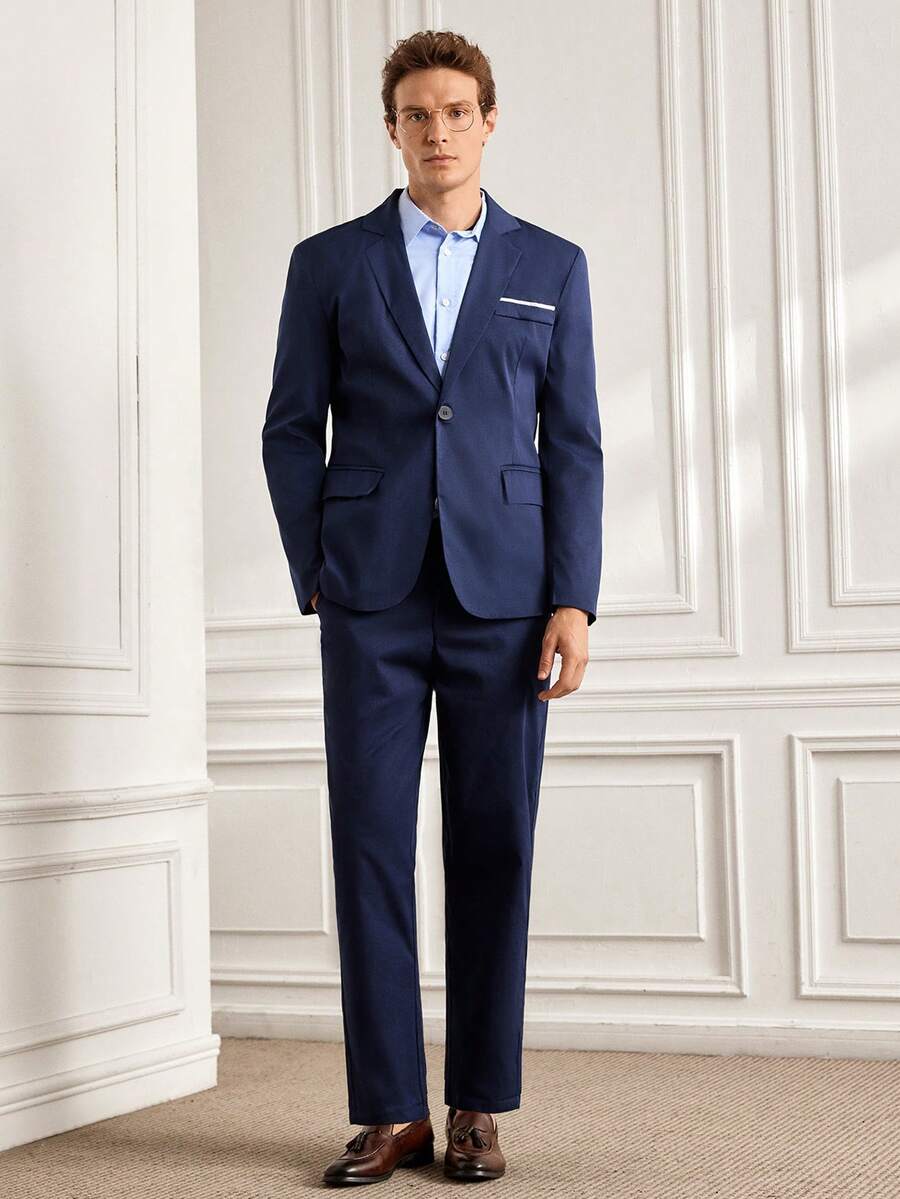 Officeau Men's Spring And Autumn Casual Suit Set, Includes Jacket And Pants - Navy Blue - View 1