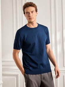 Officeau Men's Casual Solid Color Short Sleeve Pullover Knit Top, Spring/Summer - Navy Blue - View 6