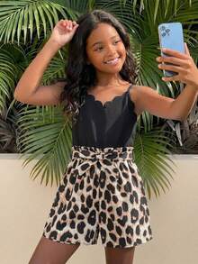 Tween Girls' Casual Everyday Vacation Petal Collar Patchwork Contrast Leopard Print Jumpsuit - Black - View 1