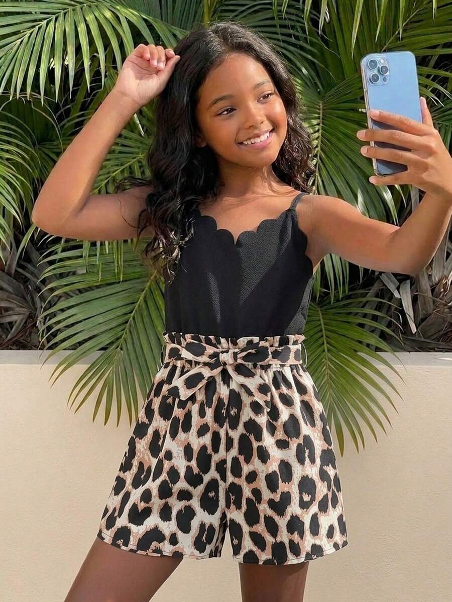 Tween Girls' Casual Everyday Vacation Petal Collar Patchwork Contrast Leopard Print Jumpsuit - Black - View 1