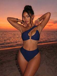 Swim Vcay Asymmetrical Neckline Bikini Set With Metal Circle Decoration, Summer Beach Swimwear - Navy Blue - View 1