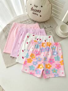Souflis Souflis 4 piezas Pantalones cortos casuales, cómodos, dulces y lindos para niña con estampados florales, de cereza y de rayas de moño en 4 colores, adecuados para la escuela, las vacaciones y el uso diario en verano - Multicolor - Ver 2
